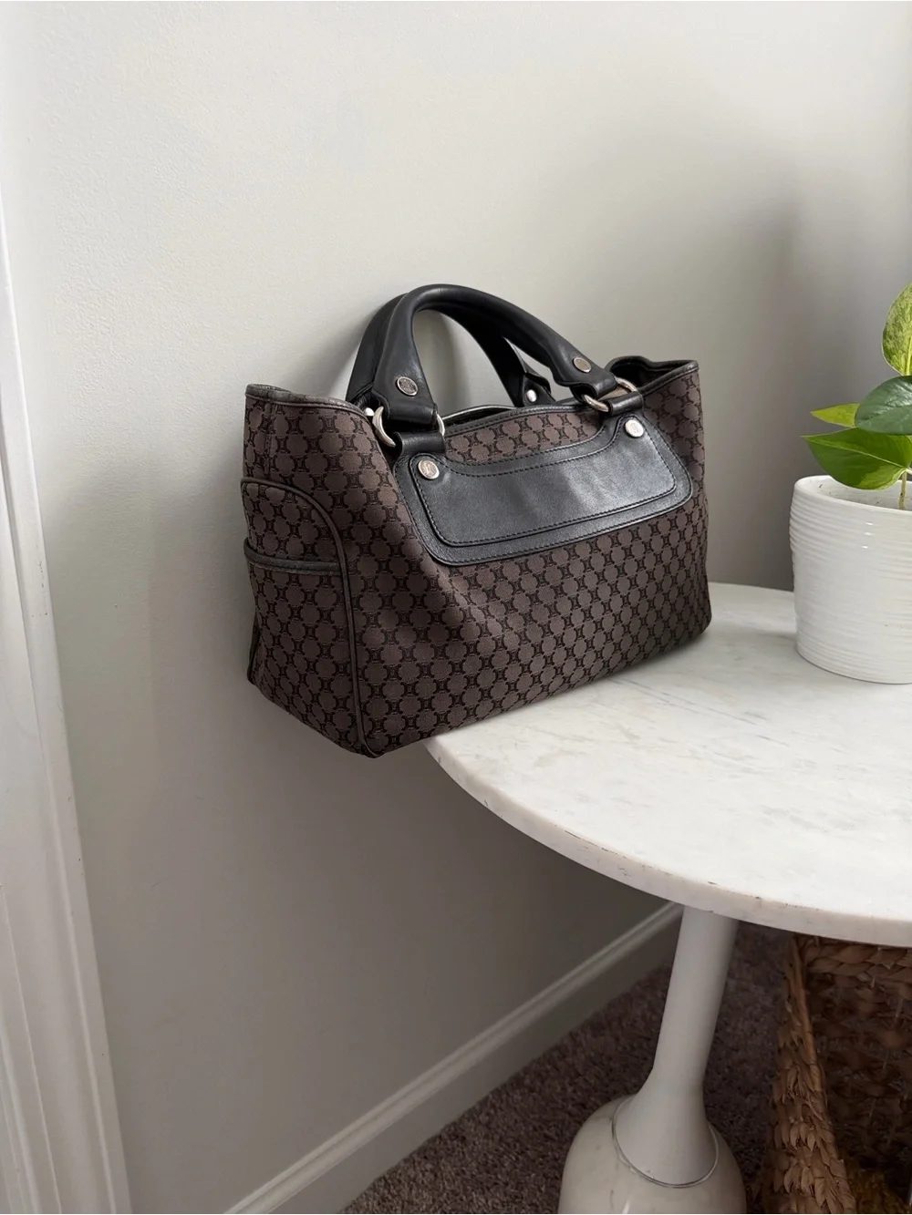 Celine Brown Monogram Canvas Hobo with Black Trim